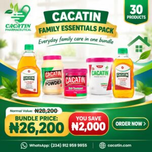 CACATIN Family Essentials Pack containing multipurpose cleaner, dusting powder, hair treatment, herbal cream, and face cleanser products