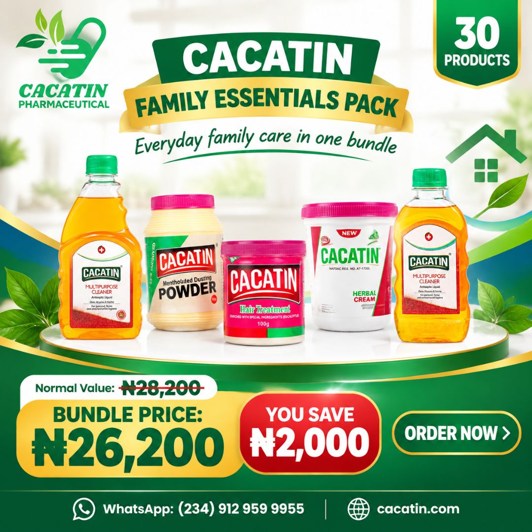 CACATIN Family Essentials Pack containing multipurpose cleaner, dusting powder, hair treatment, herbal cream, and face cleanser products
