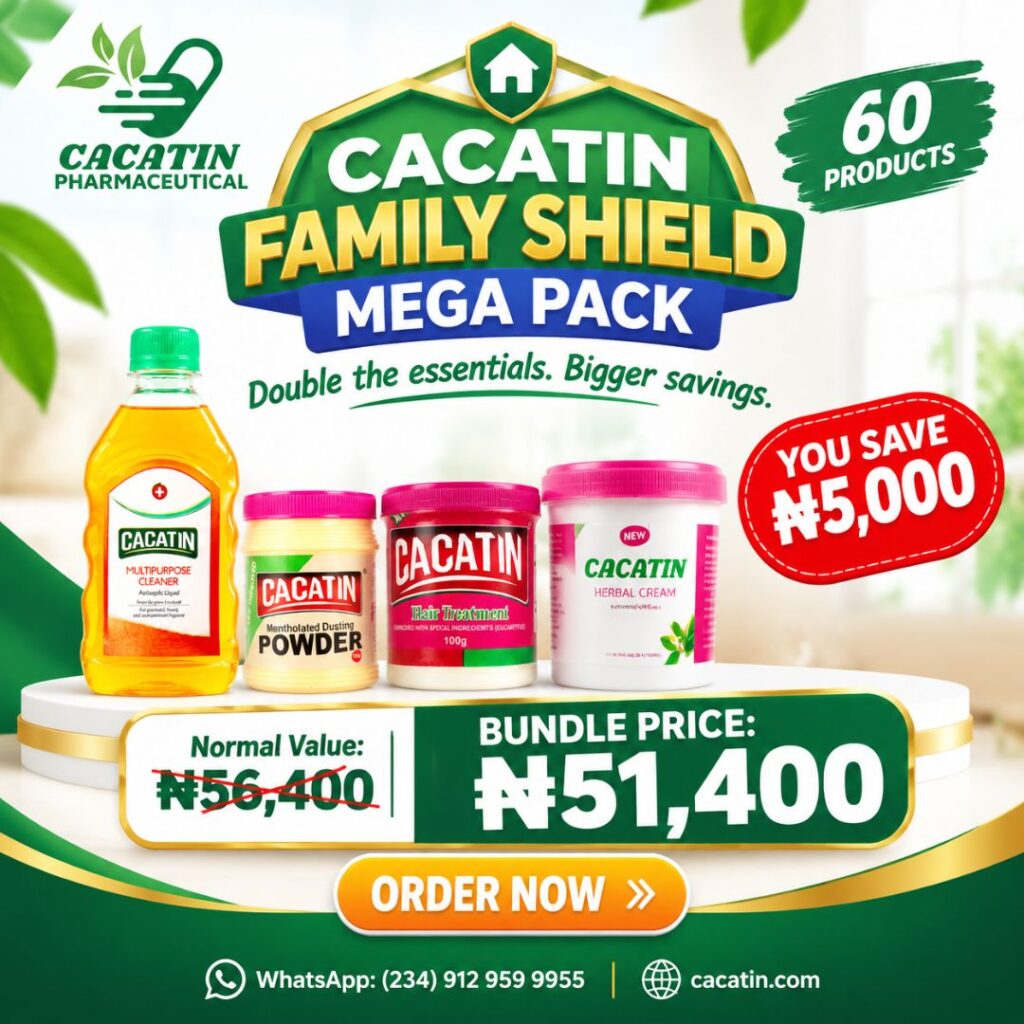 CACATIN Family Shield Mega Pack featuring multipurpose cleaner, dusting powder, hair treatment, herbal cream, and face cleanser products