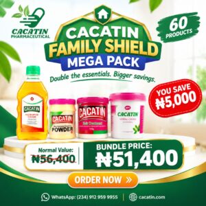 CACATIN Family Shield Mega Pack featuring multipurpose cleaner, dusting powder, hair treatment, herbal cream, and face cleanser products