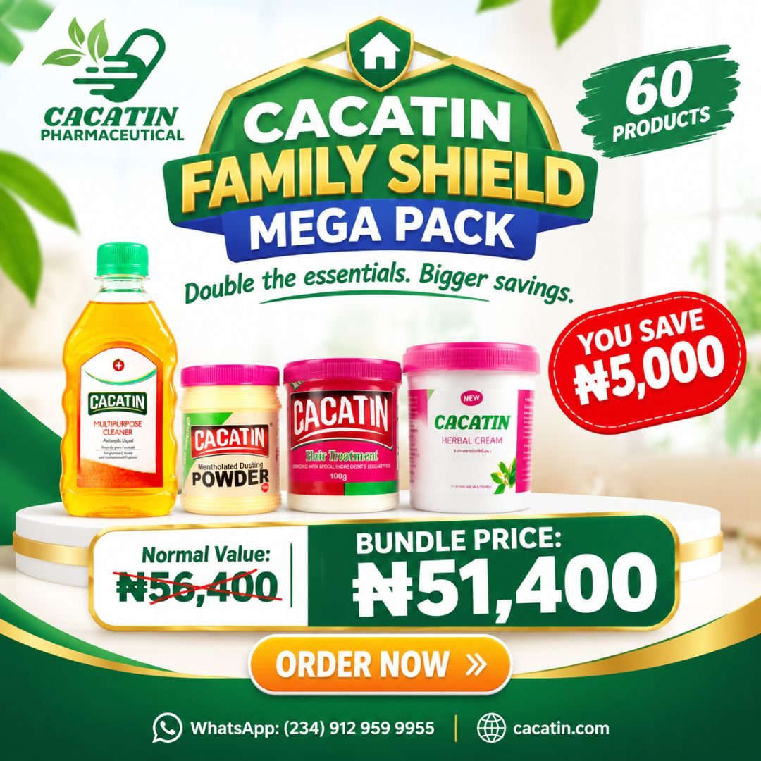 CACATIN Family Shield Mega Pack featuring multipurpose cleaner, dusting powder, hair treatment, herbal cream, and face cleanser products